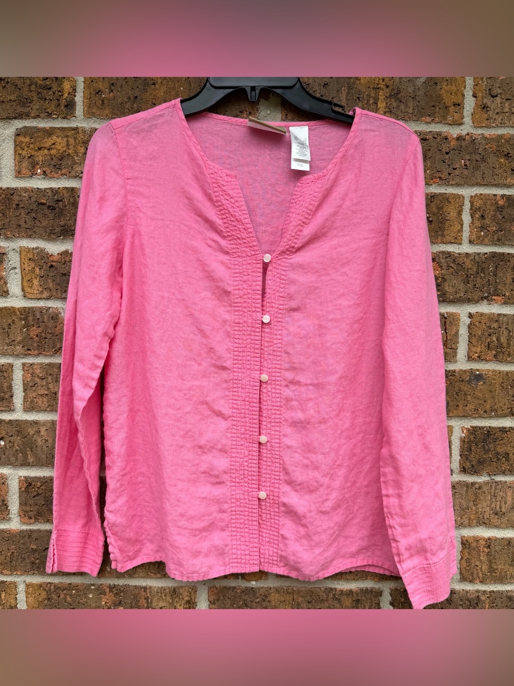 Liz Claiborne 100% Linen Pink Vneck Button Long Sleeve Blouse Top Sz S Coastal